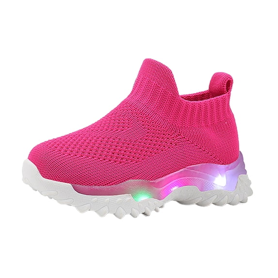Toddler Boys Girls Knitting Loafers LED Light Up Lightweight Sock Shoes Kids Comfortable Platform Slip on Sneakers Pink