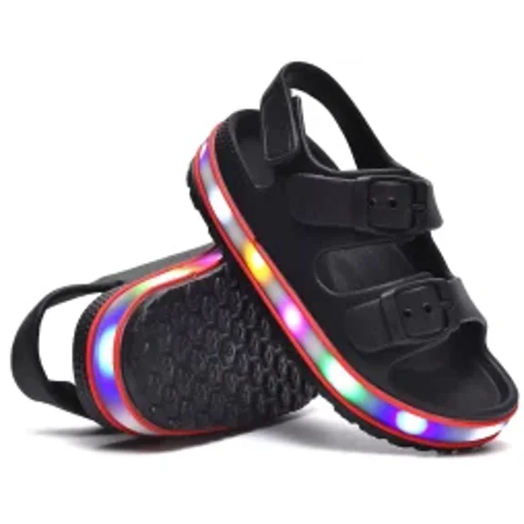 Toddler Boys Girls LED Double Buckle Sandals Open Toe Flat Slide Kids With Adjustable Back Strap Black 4