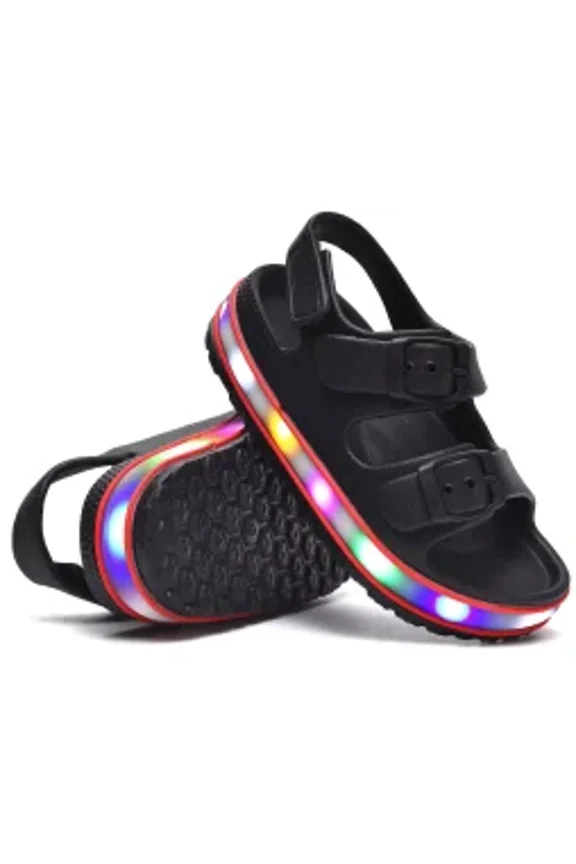 Toddler Boys Girls LED Double Buckle Sandals Open Toe Flat Slide Kids With Adjustable Back Strap Black 7