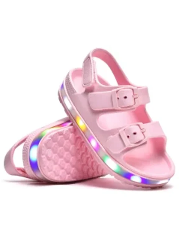 Toddler Boys Girls LED Double Buckle Sandals Open Toe Flat Slide Kids With Adjustable Back Strap Pink 4