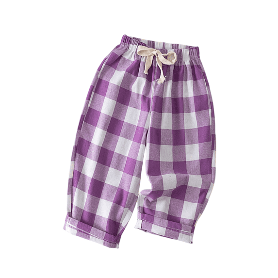 Toddler Boys Girls Linen Pants Kids Wide Leg Harem Pants Cotton Elastics Waist Summer Plaid Long Trousers Thin 3/4 Outerwear