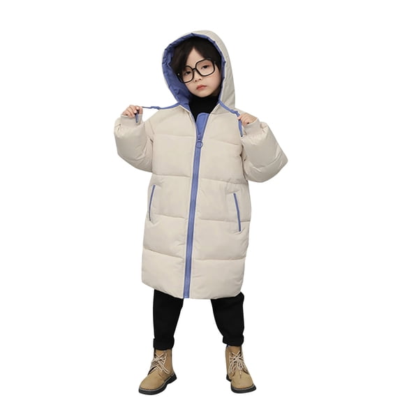 Toddler Boys Girls Long Puffer Jacket Heavyweight Winter Coat Kids Solid Hooded Padded Down Jacket Windproof Outwear