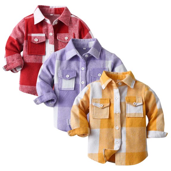 Toddler Boys Girls Plaid Shirt Long Sleeve Warm Casual Jacket Lapel Button Tops Outwear Coat for Unisex Kids Purple, 18-24M