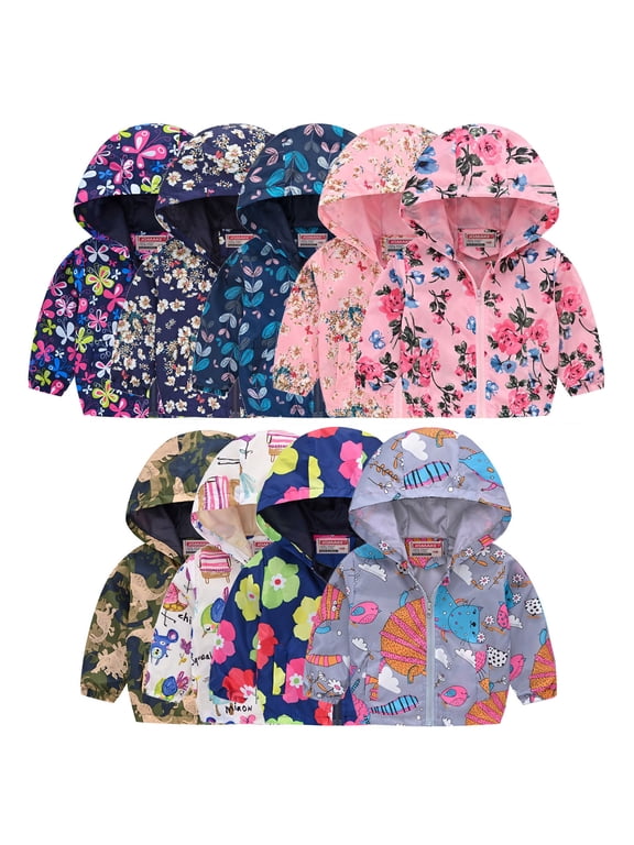Toddler Boys Girls Print Hooded Windbreaker Zip Up Lightweight Outdoor Jacket 2-3 Years Kids Fall Winter Coats