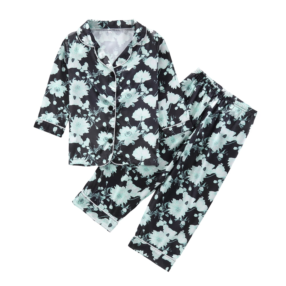 Toddler Boys Girls Satin Pajamas Coat Style Floral Long Sleeve Silk