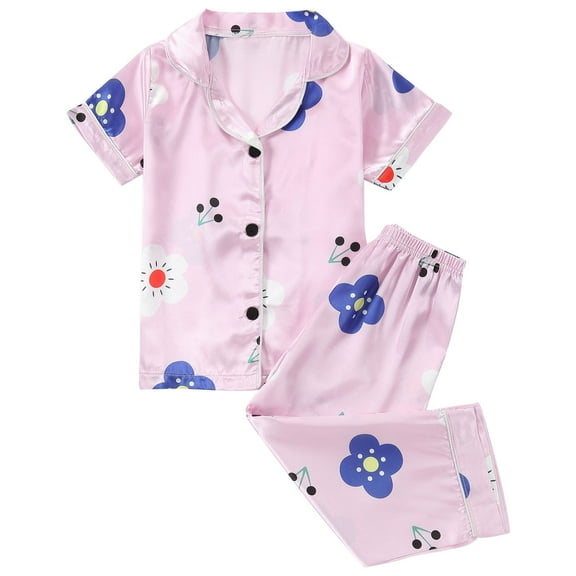 Toddler Boys Girls Satin Pajamas Set Silky Button Down Loungewear 2 Piece Short Sleeve Collared Pjs Kids Nightwear Pink, 5 Years