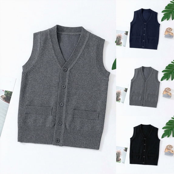 Toddler Boys Girls School Uniform Sweater Vest Cotton V-Neck Button Solid Sleeveless Cardigan 4-5 Years