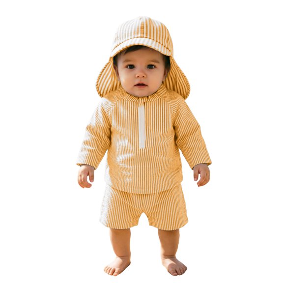 Toddler Boys Girls Seersucker Long Sleeve Swimsuit Trunks Bathing Suit Swimwear Hat 3Pcs Rash Guard Set Clothes