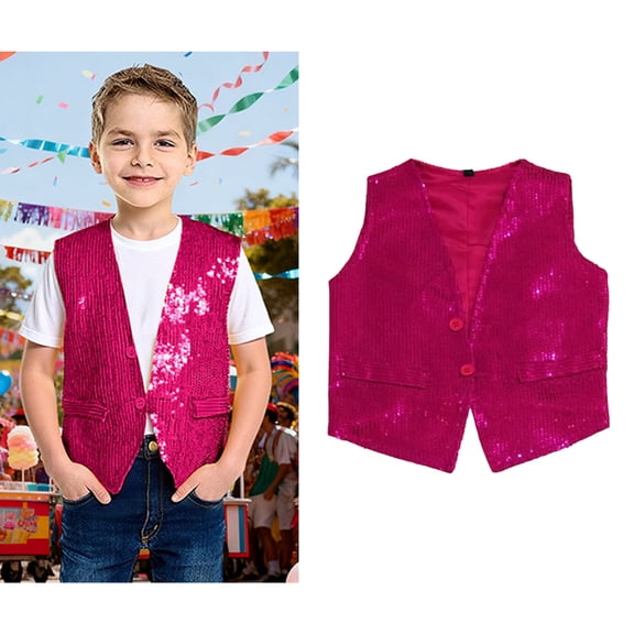 Toddler Boys Girls Sequin Vest Sleeveless Hot Pink Vest Shiny Vest Kids Hip-Hop Dance Shirts Disco Dance Performance 1-3 Years