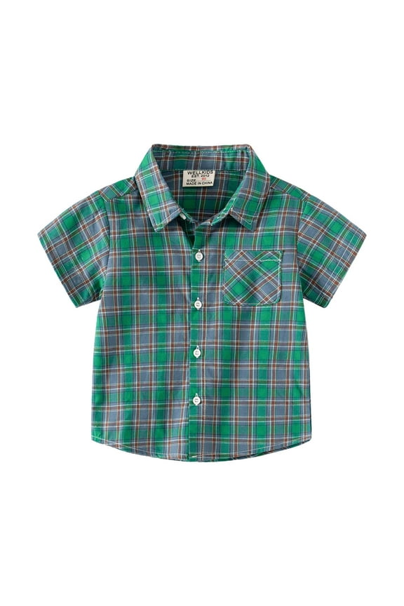 Toddler Boys Girls Shirts Flannel Jacket Plaid Short Sleeve Lapel Button Down Shacket Baby Outwear Clothes Tops for Kids Size 2-3T