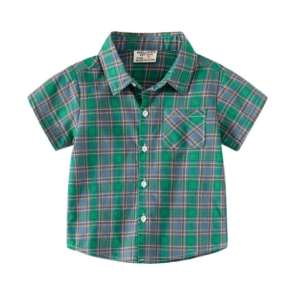 Toddler Boys Girls Shirts Flannel Jacket Plaid Short Sleeve Lapel Button Down Shacket Baby Outwear Clothes Tops for Kids Size 2-3T