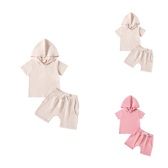 Toddler Boys Girls Short Sleeve Solid Hooded T Shirt Tops Shorts Outfits, Baby Girl Summer Clothes Set Hooded Top and Short Sleeve Outfit