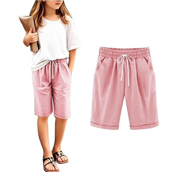 Toddler Boys Girls Shorts Summer Casual Cotton Linen Shorts Kids Light Bermuda Shorts with Pockets Drawstring 12-13T