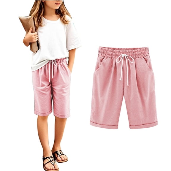 Toddler Boys Girls Shorts Summer Casual Cotton Linen Shorts Kids Light Bermuda Shorts with Pockets Drawstring 9-10T