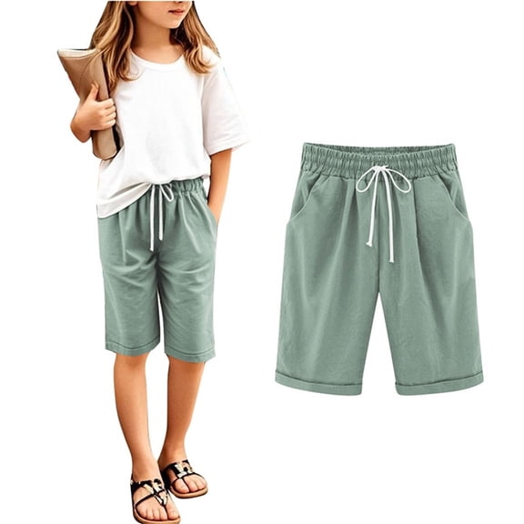 Toddler Boys Girls Shorts Summer Casual Cotton Linen Shorts Kids Light Bermuda Shorts with Pockets Drawstring 9-10T