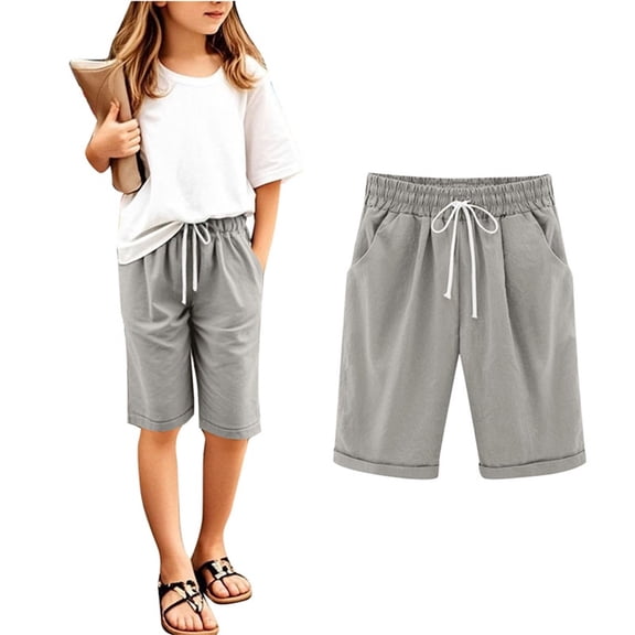 Toddler Boys Girls Shorts Summer Casual Cotton Linen Shorts Kids Light Bermuda Shorts with Pockets Drawstring 9-10T