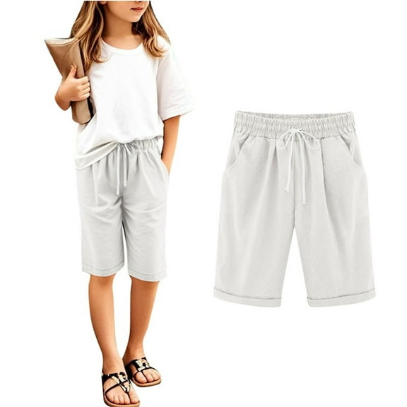 Toddler Boys Girls Shorts Summer Casual Cotton Linen Shorts Kids Light Bermuda Shorts with Pockets Drawstring 9-10T