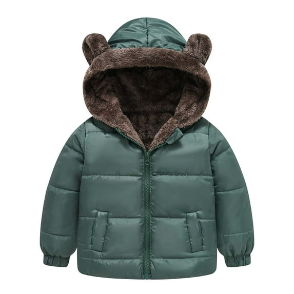 Toddler Boys Girls Snow Jackets Winter Solid Color Plus Velvet Padded Padded Jacket Warm Soft Cute Ear Hooded Zip Coat Army Green 3 Years