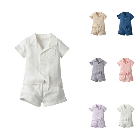 Toddler Boys Girls Summer Casual Solid Short Sleeve T-Shirt and Shorts Set, 2-Piece Beach Holiday Outfit with Button Pocket, Gentleman Style, Lightweight Breathable Fabric
