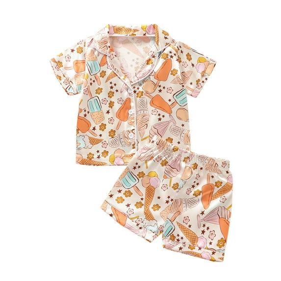 Toddler Boys Girls Summer Outfit Sets Short Sleeve Lapel Button Shirt + Ice Cream/Dinosaur Print Shorts