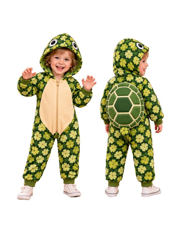 Toddler Boys Girls Turtle Hooded Romper Floral Print One Piece Jumpsuit Zip Up Warm Outfit for Baby Halloween Cosplay Daily Wear(Green2,8-9Y)