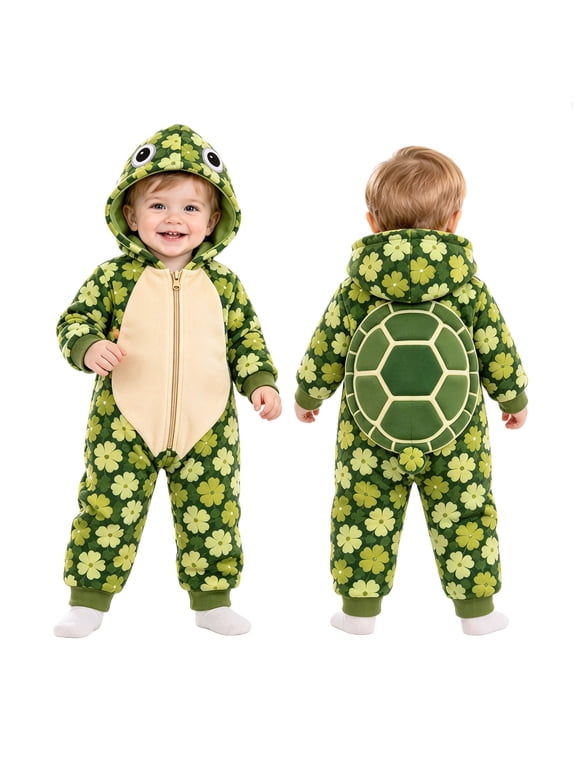 Toddler Boys Girls Turtle Hooded Romper Floral Print One Piece Jumpsuit Zip Up Warm Outfit for Baby Halloween Cosplay Daily Wear(Green2,18M)