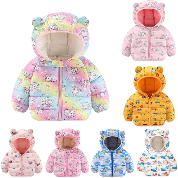 Toddler Boys Girls Unicorn Print Hooded Puffer Coat Animal Ear Zip Up Winter Jacket 2-3 Years Windbreakers for Kids