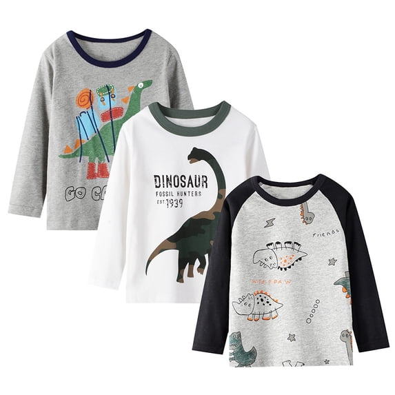 Toddler Boys Graphic T Shirt Long Sleeved Round Neck T-Shirt Casual Kids Tshirt,3-Pack