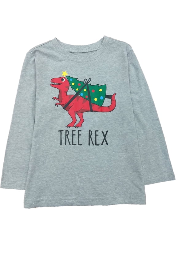 Toddler Boys Gray Tree Rex T-Rex Long Sleeve Christmas T-Shirt 2T
