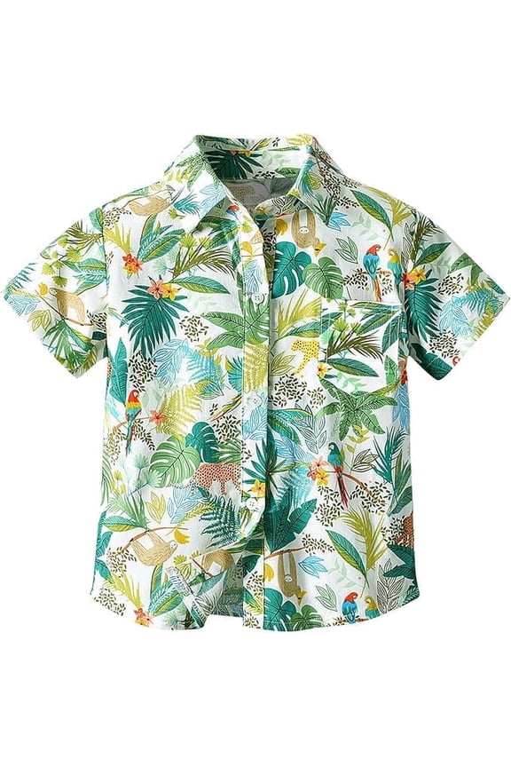Toddler Boys Hawaiian Shirt Baby Boy Button Down Shirt Kids Short Sleeve Tops Beachwear Print Aloha Cotton T Shirts for 1-7 Years
