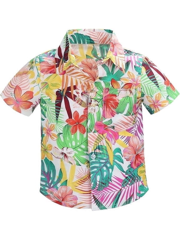 Toddler Boys Hawaiian Shirt Baby Boy Button Down Shirt Kids Short Sleeve Tops Beachwear Print Aloha Cotton T Shirts for 1-7 Years