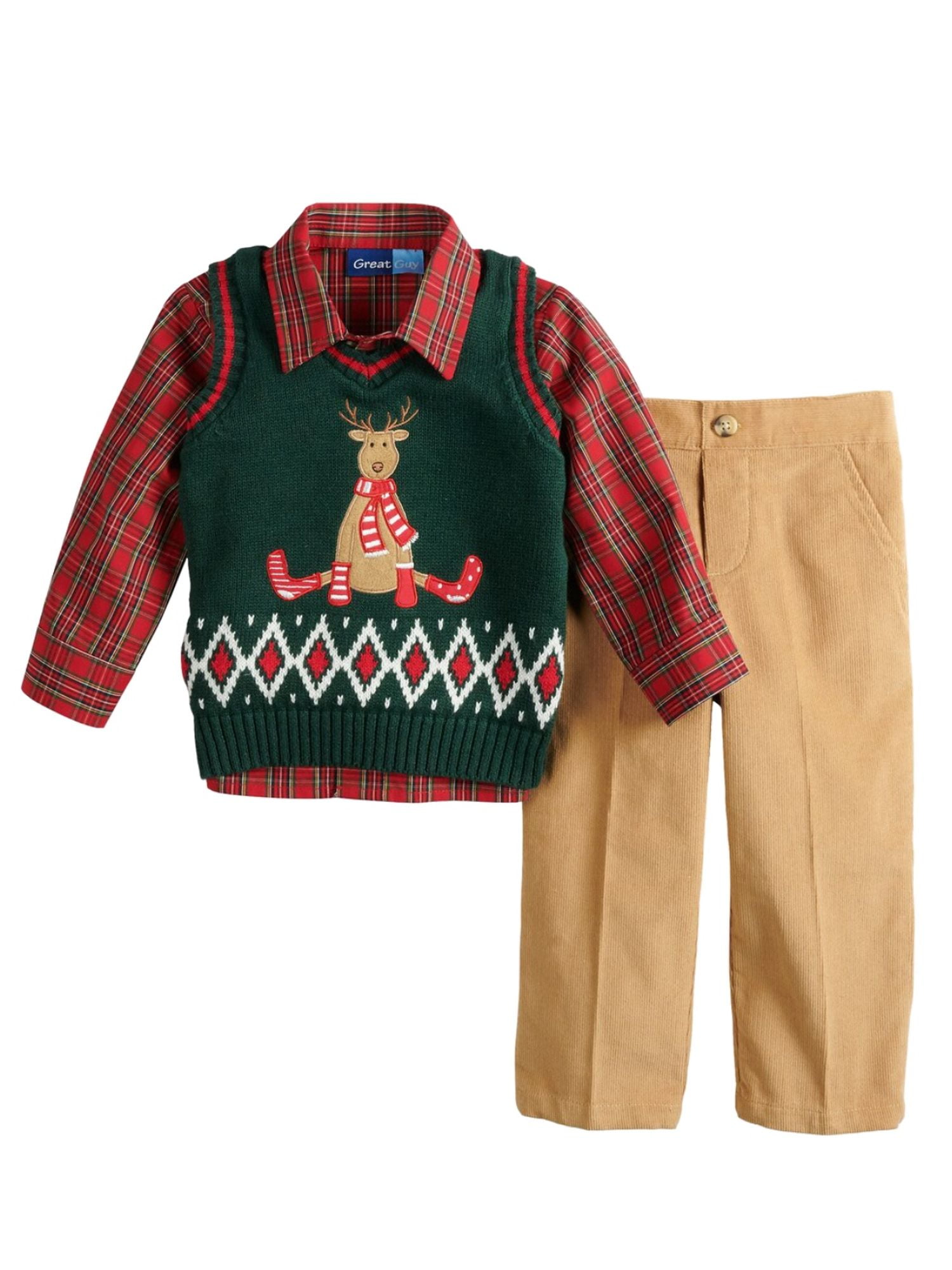 Toddler Boys Holiday Reindeer Sweater Vest Plaid Shirt Corduroy