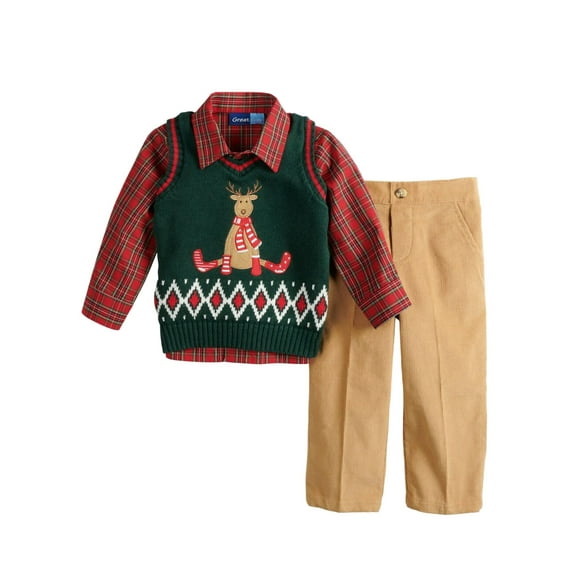Toddler Boys Holiday Reindeer Sweater Vest Plaid Shirt & Corduroy Pant Set 4T