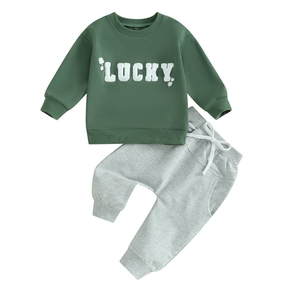 Toddler Boys Irish Day Outfit Sets 3M 6M 12M 18M 24M 3Y Long Sleeve Letter Leaf Clover Embroidery Tops Drawstring Pants Sets