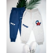 HILEELANG little Boys' Jogger Pants 2-Pack Pull on Elastic Blue Grey Dinosaur Playwear SweatPants 7Y