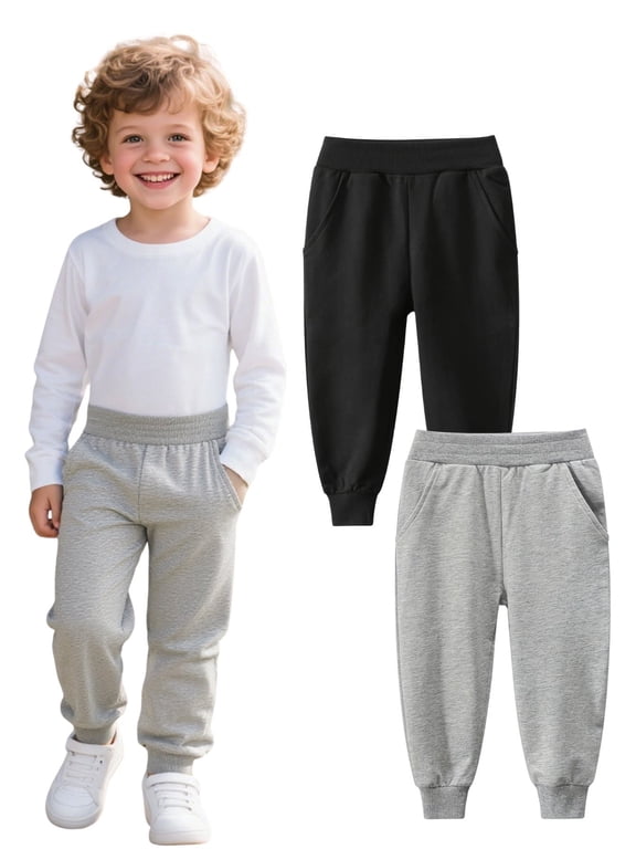 Toddler Boys' Sweatpants 2-Pack, 100% Cotton Pull-On Jogger Pants, Black & Grey, Sizes 2T-7Y
