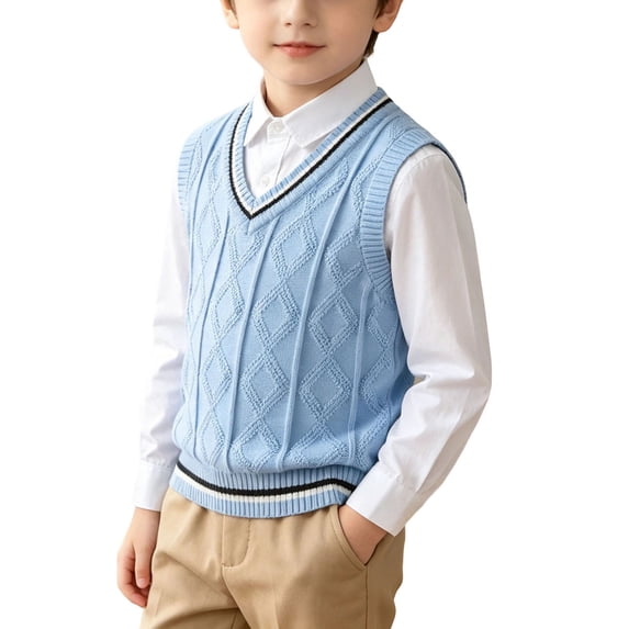 Toddler Boys Knit Sweater Vest V-Neck Sleeveless Pullover Jumpers Diamond Argyle Pattern Striped Trim Preppy Style Casual School Uniform Tops Fall Winter Outfits, Size 4T