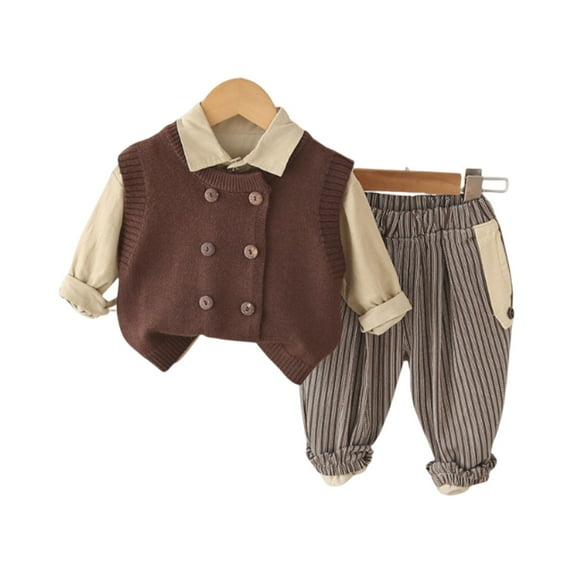 Toddler Boys Knitted Vest Long Sleeve Shirt and Striped Pants Set Casual Outfit for Spring Autumn Daily Wear