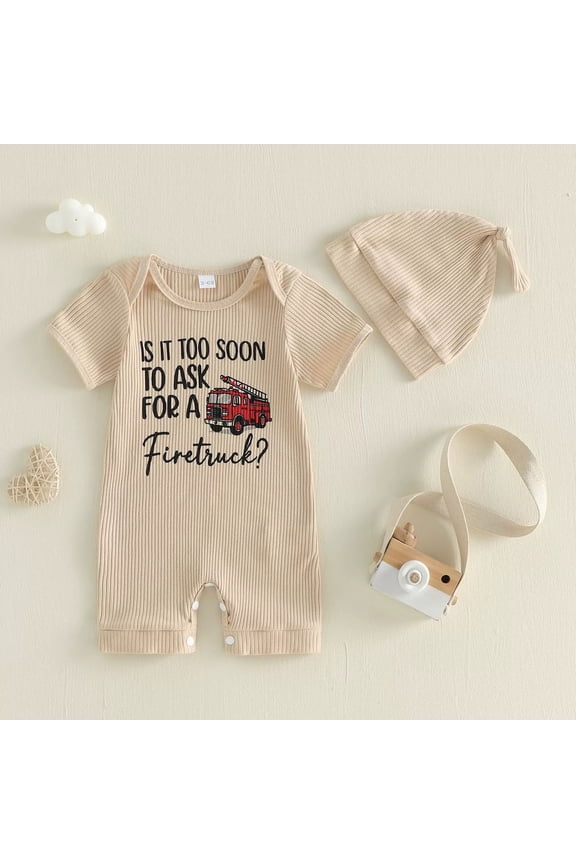 Toddler Boys Letter Rompers Short Sleeve Summer Bodysuit With Fire Truck Print Ribbed Crotch Snap Opening Hooded Romper For Baby Jumpsuit Cute Outfits 3-6 Months
