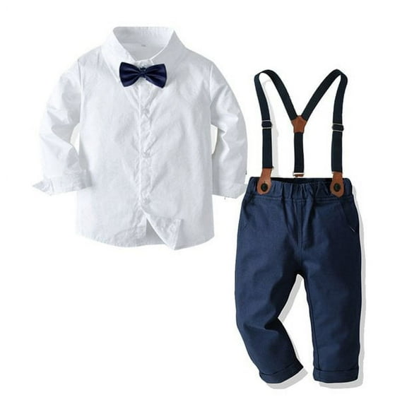 Toddler Boys Linen Shirt Suspenders Navy Set Baptism Christening Wedding Outfit Ring Bearer 6 Years
