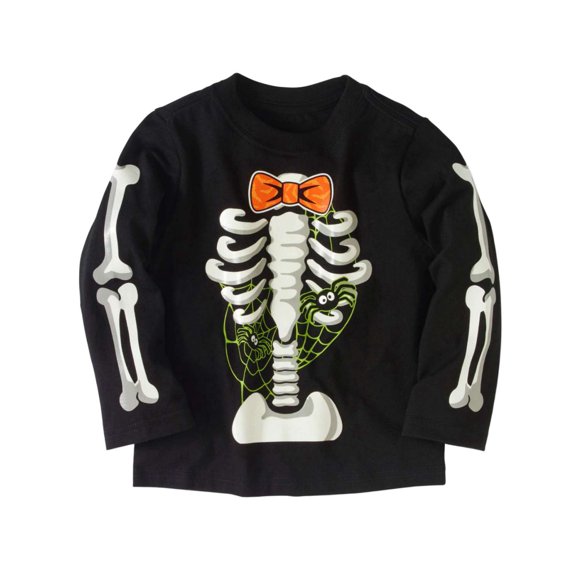 Toddler Boys Long Sleeve Black Skeleton Spider Web Halloween T-Shirt 2T