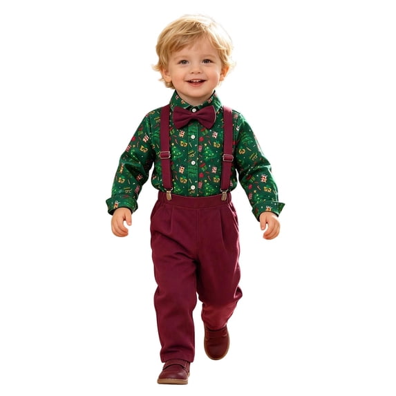 Toddler Boys Long Sleeve Cartoon Print T-Shirt Top with Suspenders Pants Set, Christmas Gentleman Outfit for Kids Formal Occasions