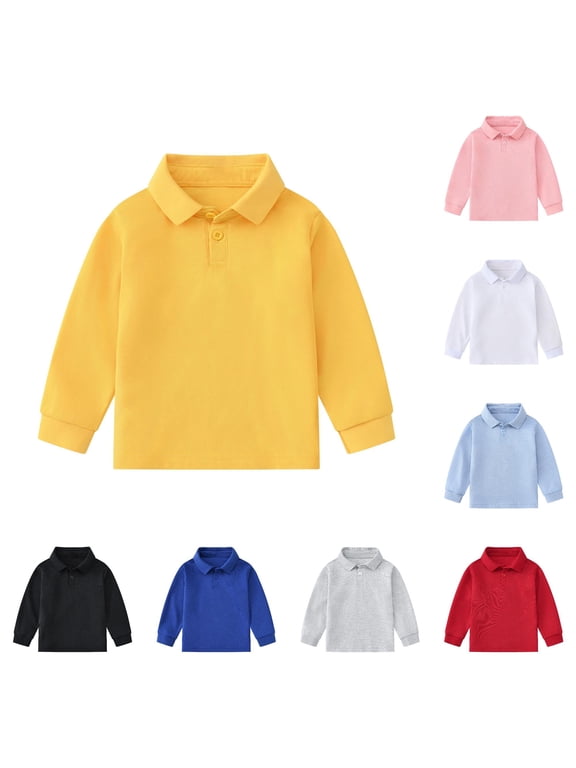 Toddler Boys Long Sleeve Polo Shirt Solid Soft Button Front Kids School Uniform Casual Tops