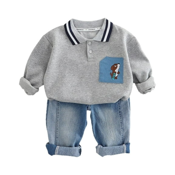 Toddler Boys Long Sleeve Polo Shirt with Cartoon Pocket and Denim Jeans Set Casual Outfit for Children