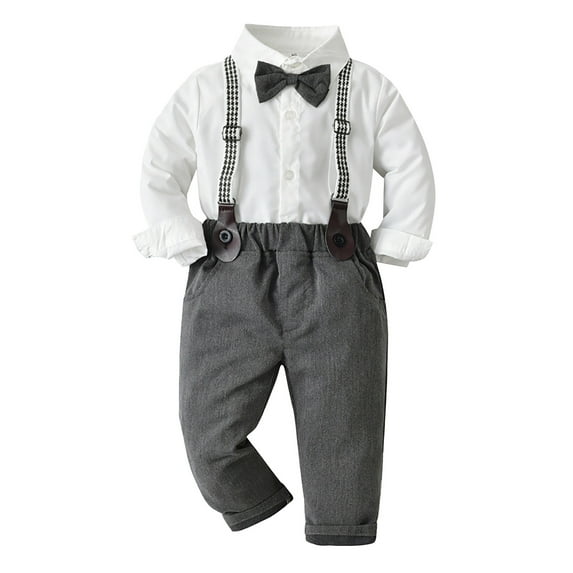 Toddler Boys Long Sleeve Shirt Tops And Pants 3Pcs Child Kids Gentleman Bowtie Fall Winter Set&Outfits Overalls Grey Outwear For Toddler 6 Months-12 Months