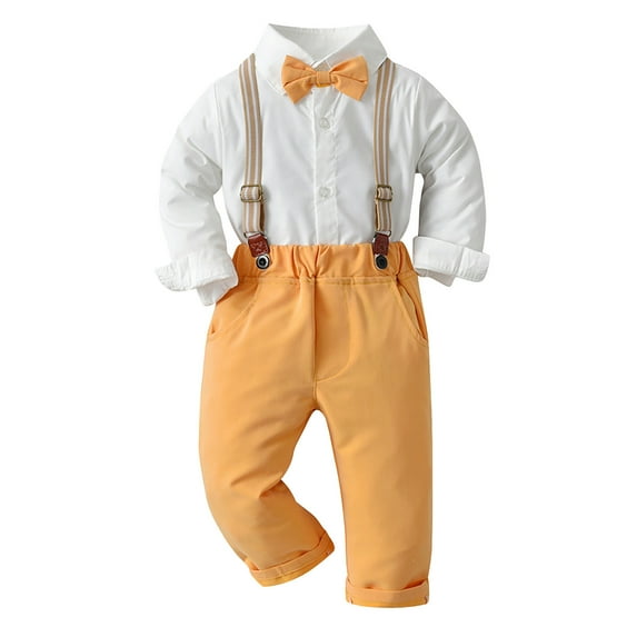 Toddler Boys Long Sleeve Shirt Tops And Pants 3Pcs Child Kids Gentleman Bowtie Fall Winter Set&Outfits Overalls Yellow Homewear For Kids 3 Years-4 Years
