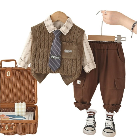Toddler Boys Long Sleeve Shirt with Knitted Vest and Tie Set Casual Elastic Waist Pants Outfit for Kids