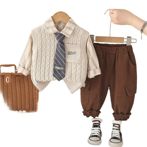 Toddler Boys Long Sleeve Shirt with Knitted Vest and Tie Set Casual Elastic Waist Pants Outfit for Kids