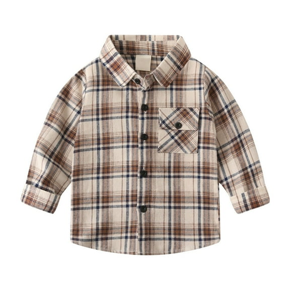 Toddler Boys Long Sleeve Shirts Plaid Fashion Casual Boys Shirts With Pockets Button Down Sweatshirts Fall Winter Kids Clothing Coffee 18-24 Months