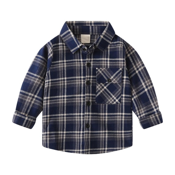 Toddler Boys Long Sleeve Shirts Plaid Fashion Casual Boys Shirts With Pockets Button Down Sweatshirts Fall Winter Kids Clothing Navy 4-5 Years